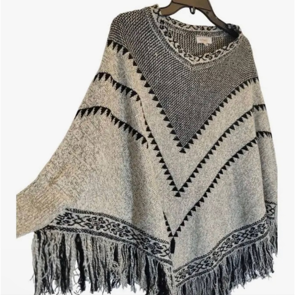 Oceanus Gray Sweater Poncho Fringe Tassel Hemline, Large, Bohemian